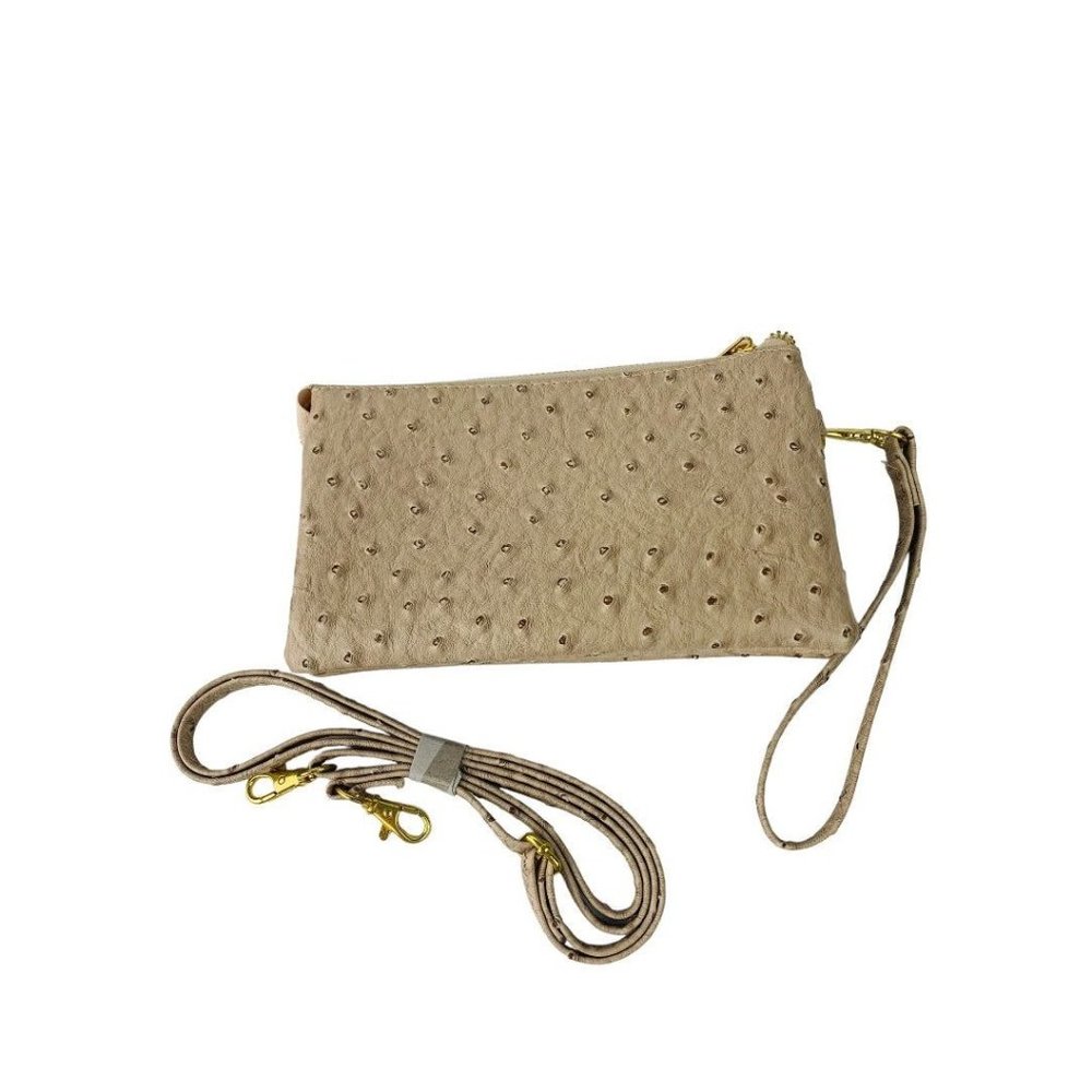 Tan Large Wristlet with Shoulder Strap Compartments Faux Ostrich Card Wallet Slo